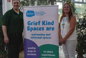 Sue Ryder’s Kerri Bicknell, launches Grief Kind Spaces at Dobbies Garden Centre with Ashley Shackell