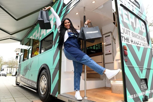 Rochelle Anthony climbs aboard the Riot Rehab Bus on its visit to centre:mk