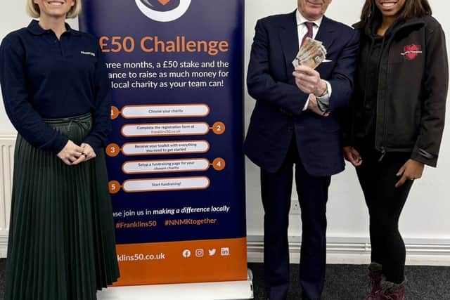 Franklins' Andrea Smith with Nick Hewer and Lorraine Lewis at the launch of this year's challenge