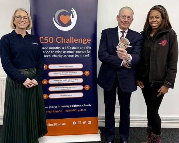 Franklins' Andrea Smith with Nick Hewer and Lorraine Lewis at the launch of this year's challenge