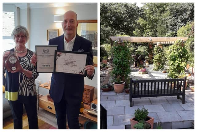 Left: Erica and Adam Strofton proudly display their awards. Right: Havisham House's beauitful garden. Images: Adam Strofton.