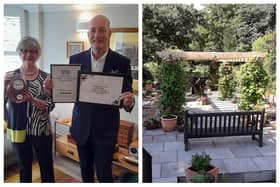 Left: Erica and Adam Strofton proudly display their awards. Right: Havisham House's beauitful garden. Images: Adam Strofton.