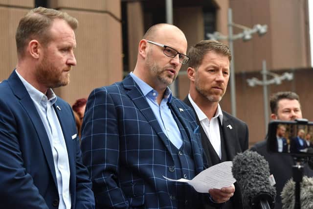 Abuse victims of former football coach Barry Bennell (L-R) Micky Fallon, Chris Unsworth and Steve Walters speak to the media outside Liverpool Crown Court. Photo: ANTHONY DEVLIN GETTY IMAGES