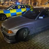 This car performed a wheel spin and drift right in from of a marked police vehicle at a Milton Keynes car meet on Sunday night