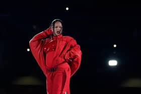 Barbadian singer Rihanna performs during the halftime show of Super Bowl LVII between the Kansas City Chiefs and the Philadelphia Eagles at State Farm Stadium in Glendale, Arizona, on February 12, 2023. (Photo by TIMOTHY A. CLARY/AFP via Getty Images)