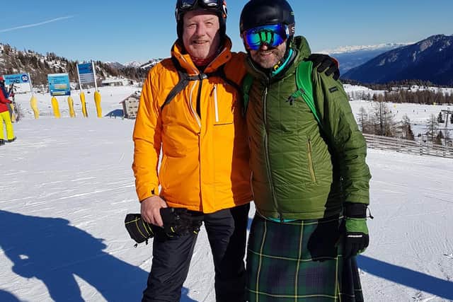 Travel writer Jan with kilted ski guide