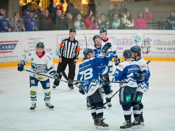 Lightning celebrate scoring against Dundee
Pic: Tony Sargent