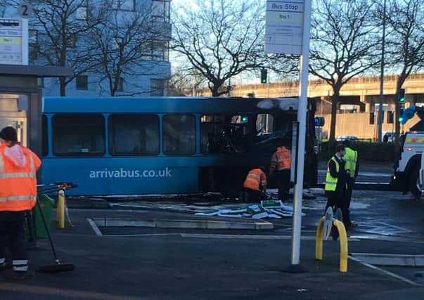 The fire damaged bus at Bletchley Bus Station