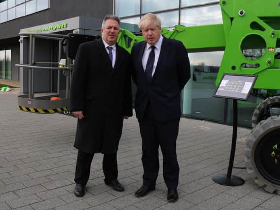 Cllr Andrew Geary welcomes Boris Johnson to MK as the duo visited Nifty Lifts