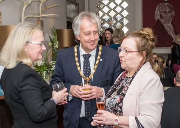 Mayor of Milton Keynes Cllr David Hopkins at The Woburn Hotel, with  The Mayoress, Susan Hopkins (right), and General Manager, Sue Crowley (left), at the launch of the  new look  Oliviers restaurant and Repton Room