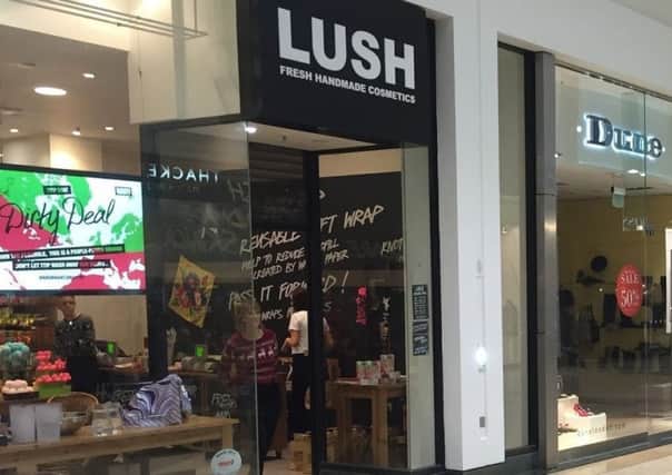 Stock image of Lush in Milton Keynes. The campaign signs were not in the shop window at the time of writing
