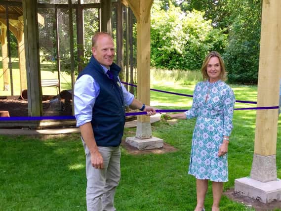 The Duchess of Bedford officially opening the fully completed Aviary at Woburn Abbey, alongside Martin Towsey, estates garden manager