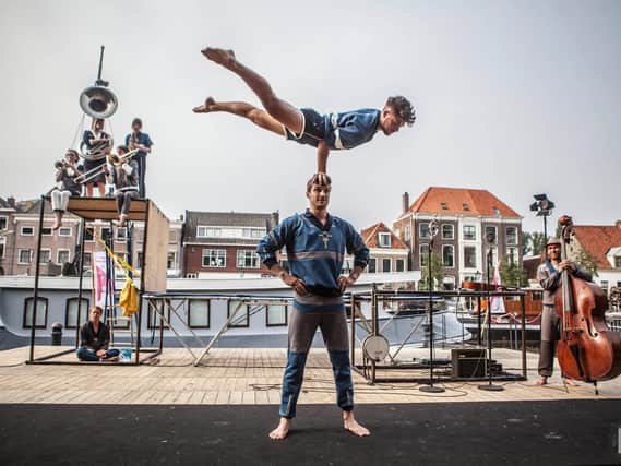 Belgian company Sur Mesure bring together musicians, instrument manufacturers, woodworkers and circus artists in Fillage, a combination of spectacular trampolining, acrobatics, juggling and specially composed live music at Middleton Hall as part of Milton Keynes International Festival