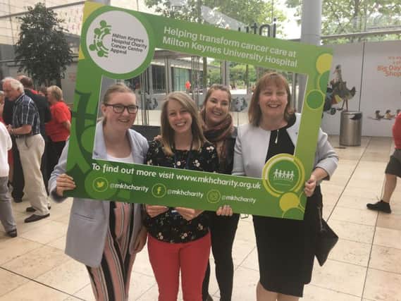 Freya Stenning, Carla Owen, Michael Stafford and Jean Gowin of CityFibre supporting MK Hospital charity's cancer centre appeal