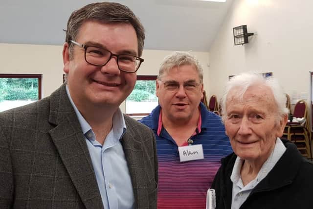 MP Iain Stewart with Alan Marchbank and Alan Everett at the Singing for the Brain group in Loughton