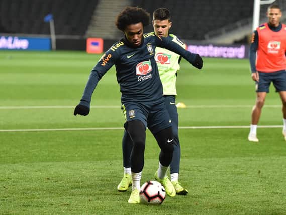 Willian (Chelsea) trains with Brazil at Stadium MK | Pic: Jane Russell