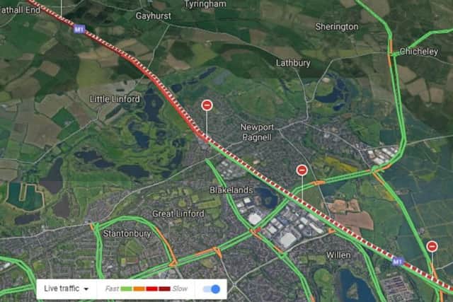 Live traffic showing gridlock on the M1 at Milton Keynes