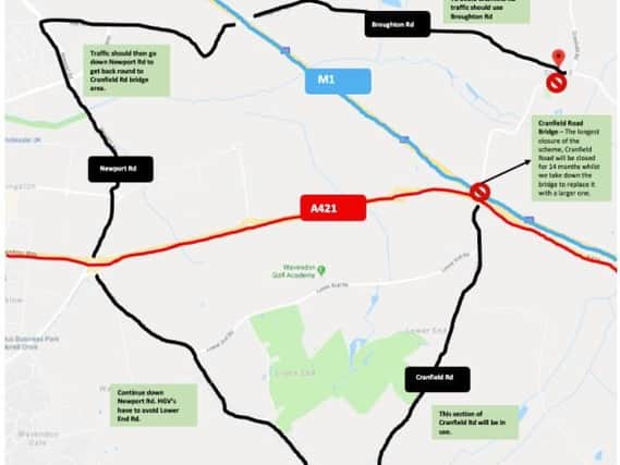 Area of A421 closure (red) and diversion routes (black)