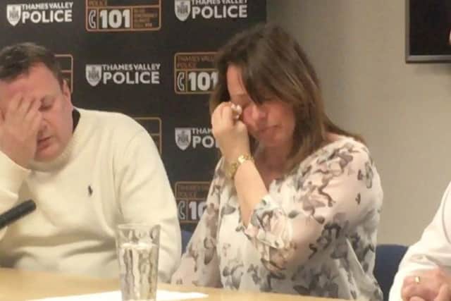 Leah's parents Claire and John Croucher speaking at Milton Keynes Police Station