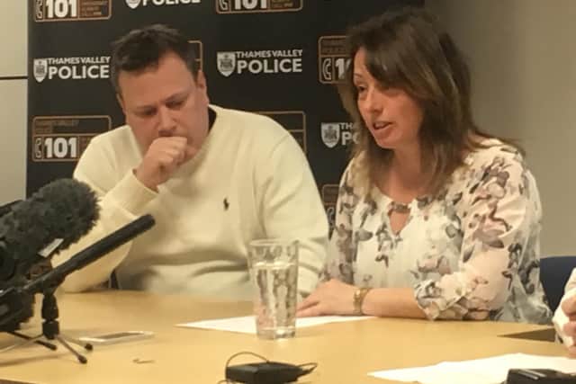 Leah's parents Claire and John Croucher speaking at Milton Keynes Police Station
