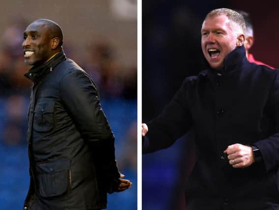 Macclesfield boss Sol Campbell and Oldham manager Paul Scholes