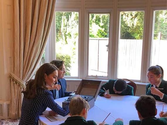 The Duchess of Cambridge working alongside Akeley Wood School pupils at Bletchley Park