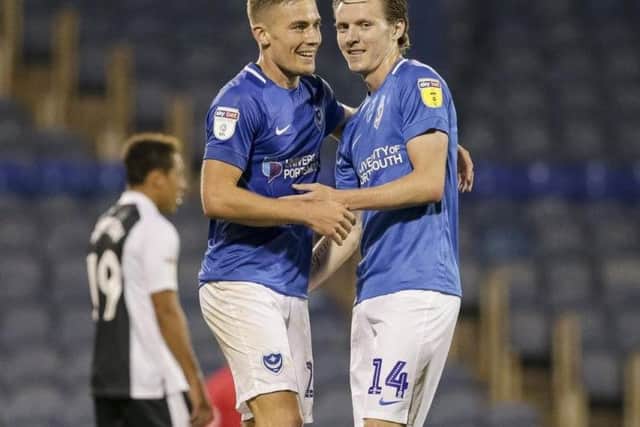 Joe Mason (right) during his time with Portsmouth last season. Pictured with David Wheeler.