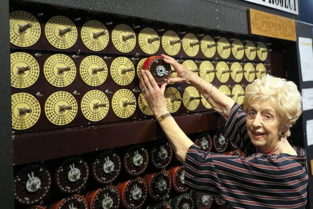 Ruth Bourne operating the Bombe.