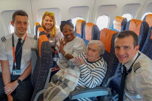 Gladys with easyJet Captain Mike French and First Officer Adam Payne