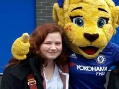 Leah Croucher with the Chelsea mascot