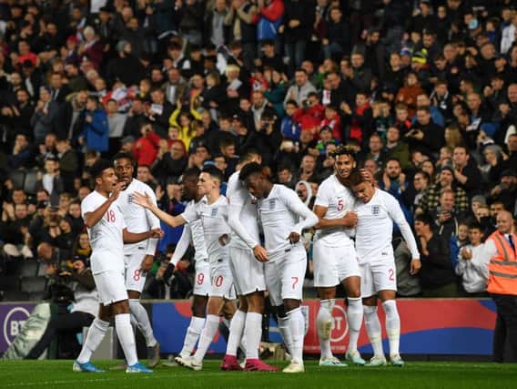 England Under-21s celebrate one of their five goals against Austria at Stadium MK on Tuesday (Pictures: Jane Russell)