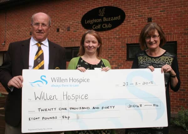 Pictured (left to right) are Derek Lindley, Willen Hospice Senior Community fundraiser Allison Waterhouse and Jackie Stimpson