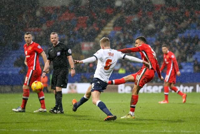 MK Dons forward, on loan from Norwich City, Josh Murphy  scores for MK Dons  during the Sky Bet Championship match between Bolton Wanderers and Milton Keynes Dons at the Macron Stadium, Bolton, England on 23 January 2016. Photo by Simon Davies. PNL-160123-224125002