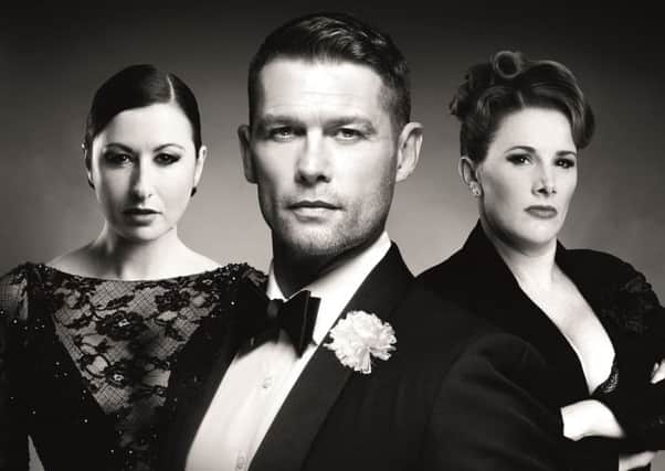 Hayley Tamaddon as Roxie Hart, John Partridge as Billy Flynn and Sam Bailey as Mama Morton. Picture: Dewynters