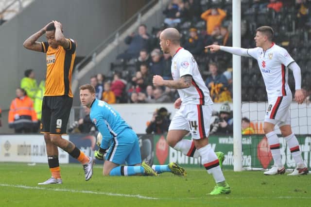 Hull City striker Abel Hernandez (9) dispares at his missed shot at goal  during the Sky Bet Championship match between Hull City and Milton Keynes Dons at the KC Stadium, Kingston upon Hull, England on 12 March 2016. Photo by Ian Lyall. PNL-161203-164542002