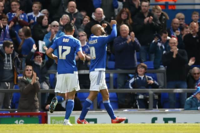Ipswich Town striker David McGoldrick (10) scores a goal and celebrates to make the score 1-0 during the Sky Bet Championship match between Ipswich Town and Milton Keynes Dons at Portman Road, Ipswich, England on 30 April 2016. Photo by Simon Davies. PNL-160430-165024002