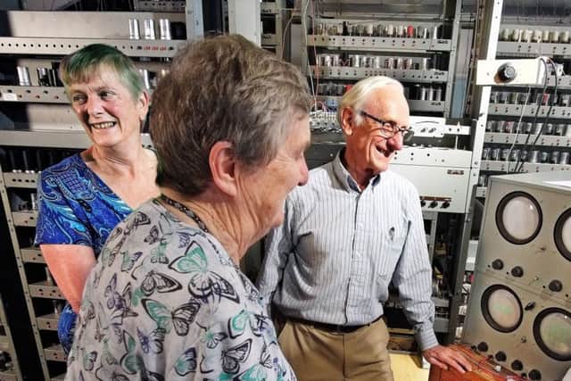 EDSAC Chief Reconstruction Engineer Chris Burton shows (l to r) Liz Howe, Joyce Wheeler and Margaret Marrs around the machine. 
Picture by John Robertson for TNMOC