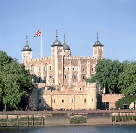 A view of the Tower of London from the south side of the river including Traitors Gate and the White Tower