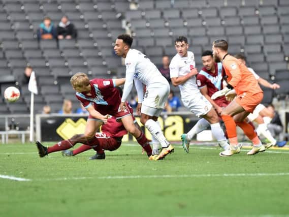 Nicky Maynard getting crowded out by Port Vale. 
Pic: Jane Russell