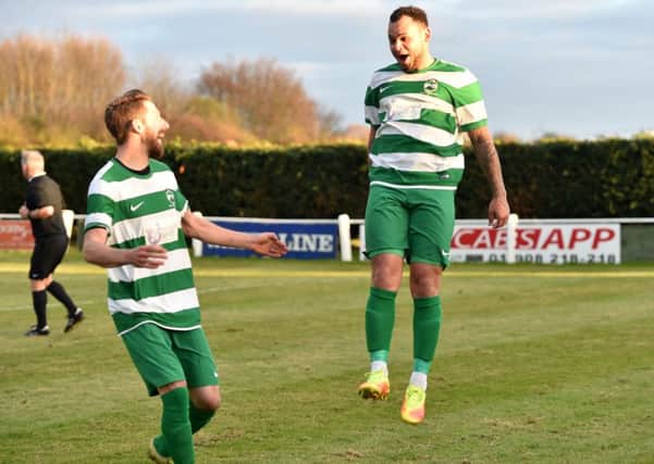 Dom Lawless celebrates his opener against London Colney. Pic: Jane Russell