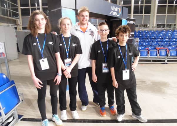 Olympic medallist Marcus Ellis with the four from MK Junior Badminton