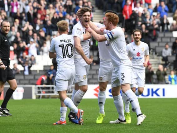 Robbie Muirhead celebrates his first goal for MK Dons