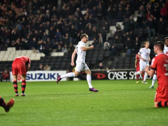 Dean Bowditch celebrates scoring the equaliser against Walsall