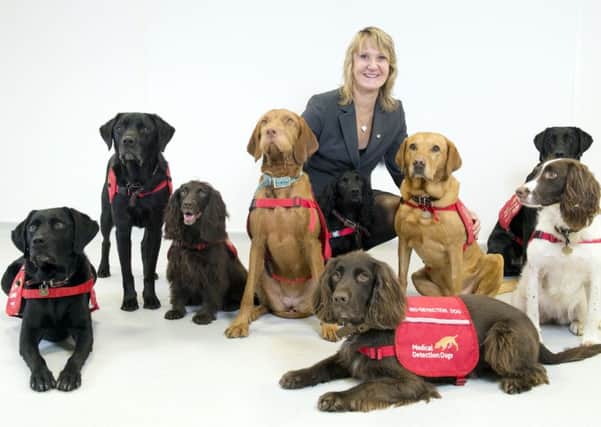 Dr.Claire Guest pictured with the medical detection dogs, they are from left:  Lucy, Kizzy, Ulric, Midas, Jobi, Jack, Daisy, Teasel and Nan