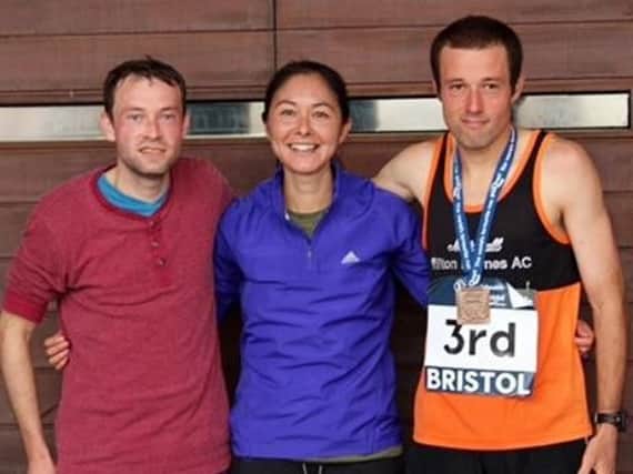 James Tuttle, Lara Bromilow and Steve Tuttle at the Bristol half marathon