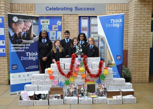 Denbigh School students with their shoeboxes